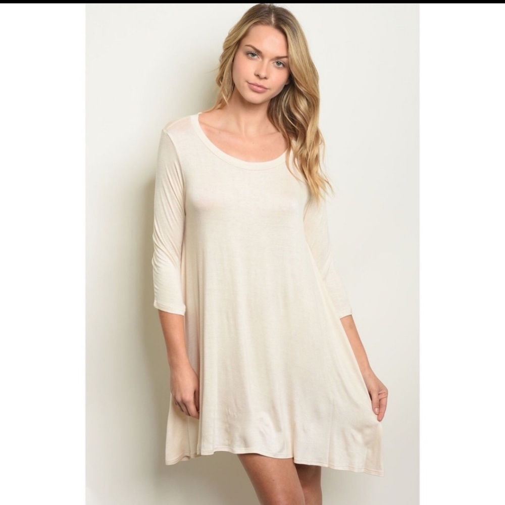 Cream basic 3/4 sleeve tunic dress
